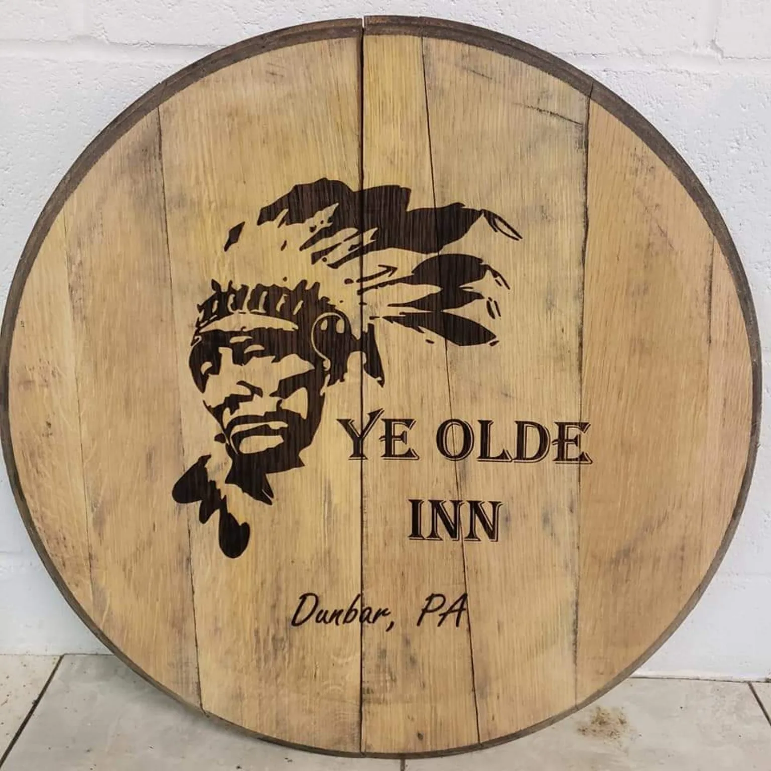 Custom Ye Olde Inn engraved barrel-head sign